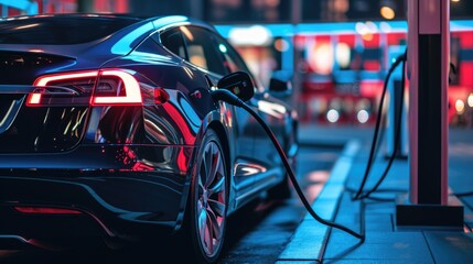 An electric vehicle is being charged at a station, while its wheels, tires, and alloy wheels rest peacefully under the hood. AIG41