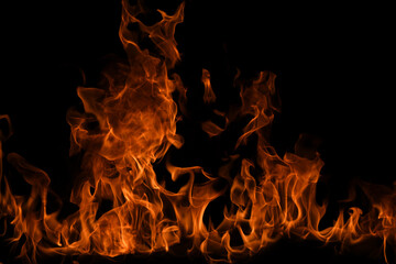 Fire flame isolate on black background. Burn flames, abstract texture. Art design for fire pattern,...