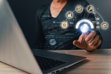 Tech company,man use graphs and progress of business and analyze financial,and investment.Use technology to plan strategy to success goals and growth stock.online business,online marketing.