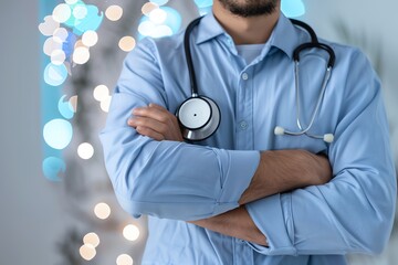 Doctor in uniform holding stethoscope and crossed arms. Hospital or clinic background and copy space