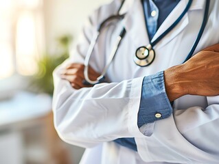 Doctor in uniform holding stethoscope and crossed arms. Hospital or clinic background and copy space
