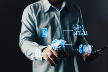 man holding smart AI chatbot and command prompt.Big data storage.Digital Artificial Intelligence technology disruption concept.We are implementing automated tech support and service in the business.