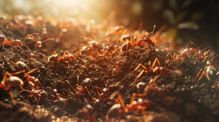 A colony of ants constructing an intricate network of tunnels in the soil, showcasing their...