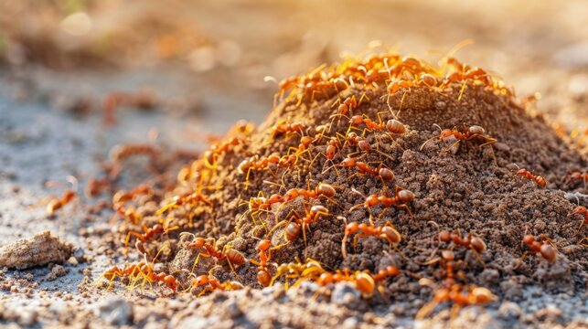A colony of fire ants constructing a mound in sandy soil, illustrating their ability to modify their environment.