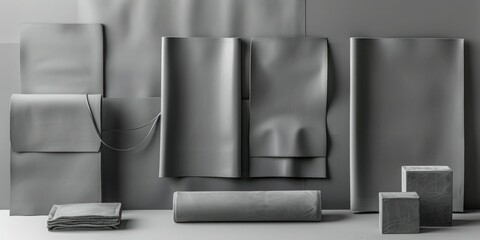 A collection of slate gray leather pieces, arranged in a minimalist tableau, showcasing the elegance of simplicity.