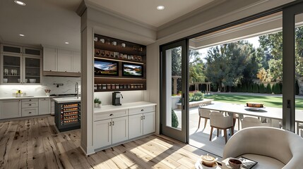 An open kitchen with a built-in coffee station and a large picture window