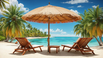 Thatched beach umbrella and two lounge chairs 