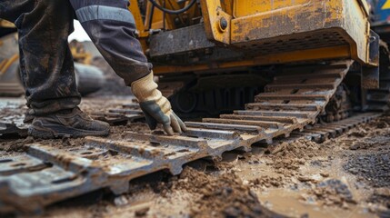 A worker inspecting and replacing damaged tracks on a forklift keeping it safe and stable while maneuvering materials on the construction site.