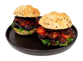 Beef burnt ends sandwich seeded bread rolls with BBQ sauce and salad