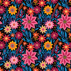 Flower Field in Bright Neon Pink, Blue, Orange, Yellow Colors on Black, Seamless Vector Random Pattern. Great for Textile, Surface, Wallpaper, Wrapping, Fabric, Decor Ornament, Scrapbook Craft Paper.