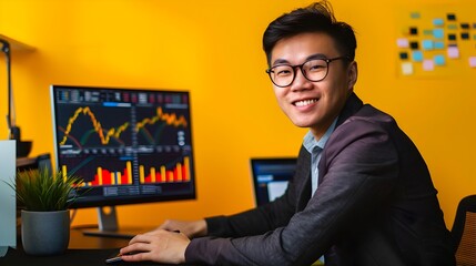 Young Financial Analyst Thriving in a Colorful Office with Laptop and Calculator