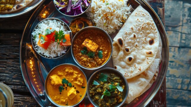 A colorful thali platter featuring a variety of Indian dishes like dal, paneer, pickles, and chapati.