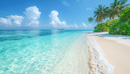 Fototapeta premium Imagine a tropical beach with palm trees and clear turquoise water on the coast