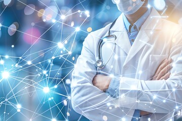 Doctor in uniform holding stethoscope and crossed arms. Hospital or clinic background and copy space