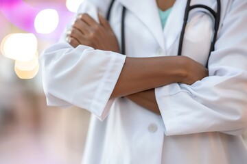 Doctor in uniform holding stethoscope and crossed arms. Hospital or clinic background and copy space