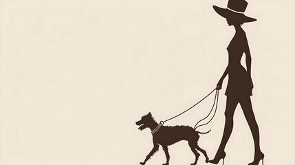 Fashionable woman walking a dog. Vector silhouette of a woman in a hat and high heels walking a dog on a leash.