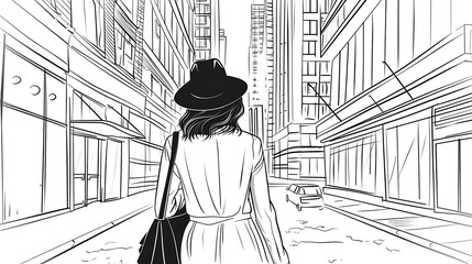 Young woman in a hat and dress walking down a city street with a car going in the opposite direction.