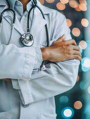 Doctor in uniform holding stethoscope and crossed arms. Hospital or clinic background and copy space