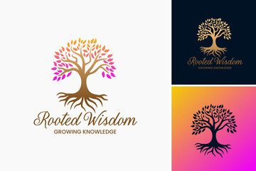 Rooted Wisdom: Growing Knowledge Logo: A wise design with roots and leaves, symbolizing wisdom and intellectual growth. Perfect for educational institutions, tutoring services, or libraries.
