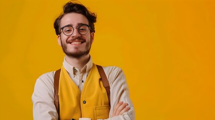 Fototapeta premium Young Mentor Exudes Joy while Working on Color Background A Portrait of Professional Dedication and Enthusiasm