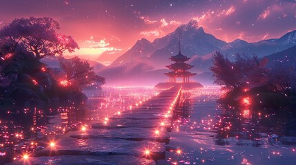 An illustration of a glowing pathway leading to a distant temple.
