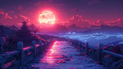 An illustration of a glowing pathway leading to a distant temple.