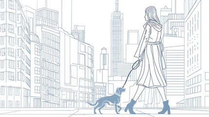 A woman walking her dog in the city. The woman is wearing a long coat and boots. The dog is a small breed and is wearing a collar.