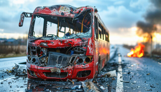 Charred frame of a bus after a fire against the background of the road and sky.