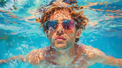 Fototapeta premium swimming in the pool, man with long wavy red hair wearing a pink and blue pastel neon suit floating underwater, which in Generate AI