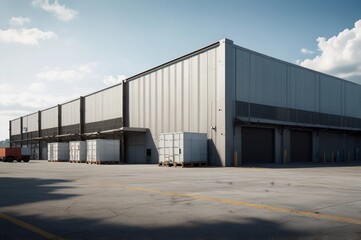 Obraz premium Industrial Warehouse: Modern Facility with Loading Docks, Trucks, and Storage for Logistics and Manufacturing