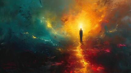 Fototapeta premium A conceptual painting of a radiant light shining from within a figure.