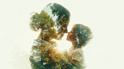 Mother carrying child in stunning landscape view, depicted through double exposure photography