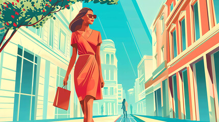Confident woman in a stylish dress walking down the street on a sunny day. She is carrying a shopping bag and wearing sunglasses.