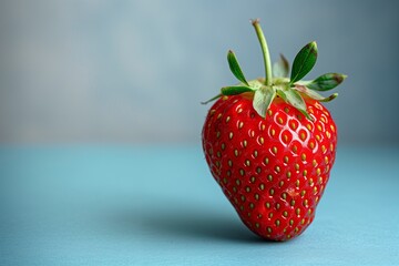 Close-up of a fresh strawberry on a blue background. Advertising shot with copy space.