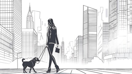 Confident woman walking her dog in the city. She is wearing a suit and carrying a briefcase. The dog is a black Labrador retriever.