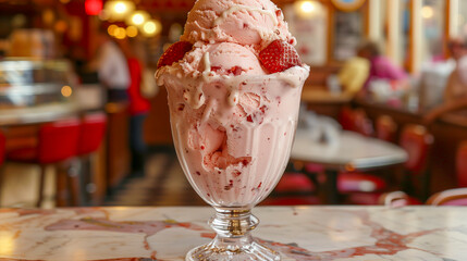 Strawberry Ice Cream in a vintage ice cream parlor, served in a classic sundae glass.