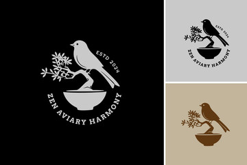 Zen Aviary Harmony Logo: A tranquil design featuring birds in flight, symbolizing peace and serenity. Perfect for meditation centers, yoga studios, or mindfulness apps.