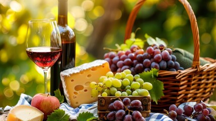Assorted grapes, cheese, and wine in a rustic basket - perfect for wine tasting and picnics