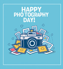 Obraz premium World photography day vector, banner. Social media post template with camera design in line art design for world photography day design. 