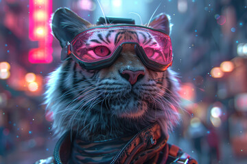 Tiger wearing VR goggles, glowing pink, against a neon cityscape
