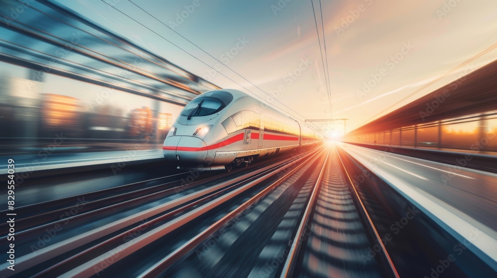 Poster a dynamic shot of a high-speed train accelerating on a straight stretch of track, showcasing its pow