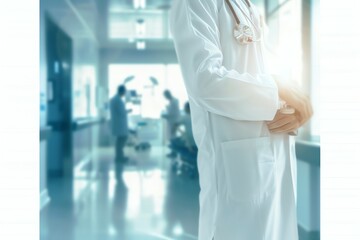 Doctor in uniform holding stethoscope and crossed arms. Hospital or clinic background and copy space