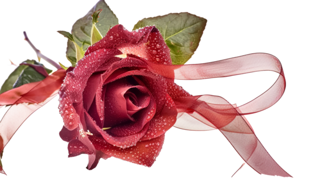 Red rose with water drops decorated with ribbon isolated on transparent png background.

