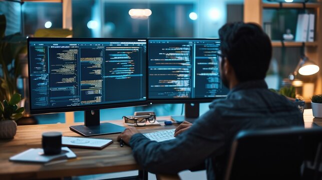 A focused software developer codes on a dual monitor setup in a modern office environment with a minimalist aesthetic. AIG41