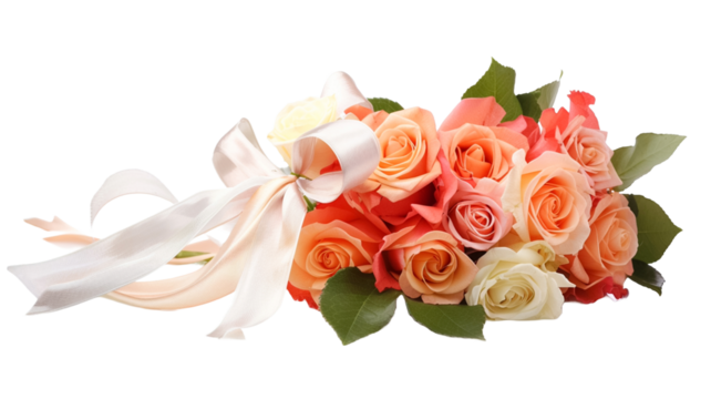 Bouquet of fresh colorful roses with ribbon on transparent png background.

