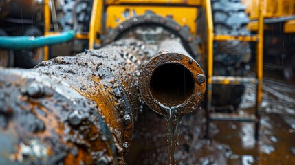 Close-up of the sewage truck's hose nozzle, capturing the grime and build-up around the edges, with a focus on the mechanical design