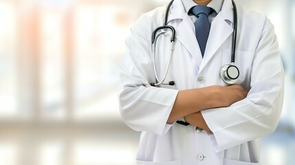 Doctor in uniform holding stethoscope and crossed arms. Hospital or clinic background and copy space