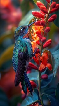 Vivace colibr&igrave;, piume iridescenti nei toni del verde e del blu, in bilico vicino a un fiore rosso brillante