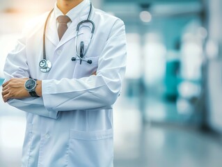 Doctor in uniform holding stethoscope and crossed arms. Hospital or clinic background and copy space