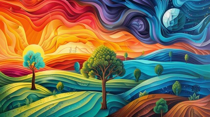 The image is a colorful abstract landscape painting